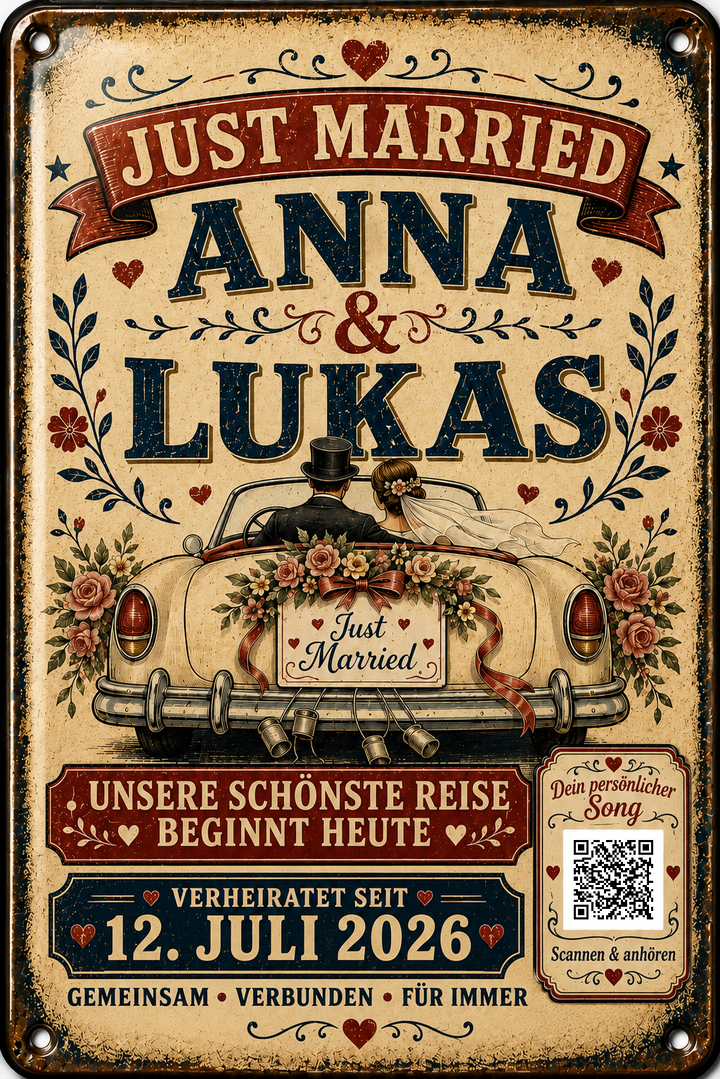 Just Married – Hochzeitsauto im Retro-Stil – personalisiertes Blechschild – Ausführung mit QR-Code für einen persönlichen Song, 20 × 30 cm