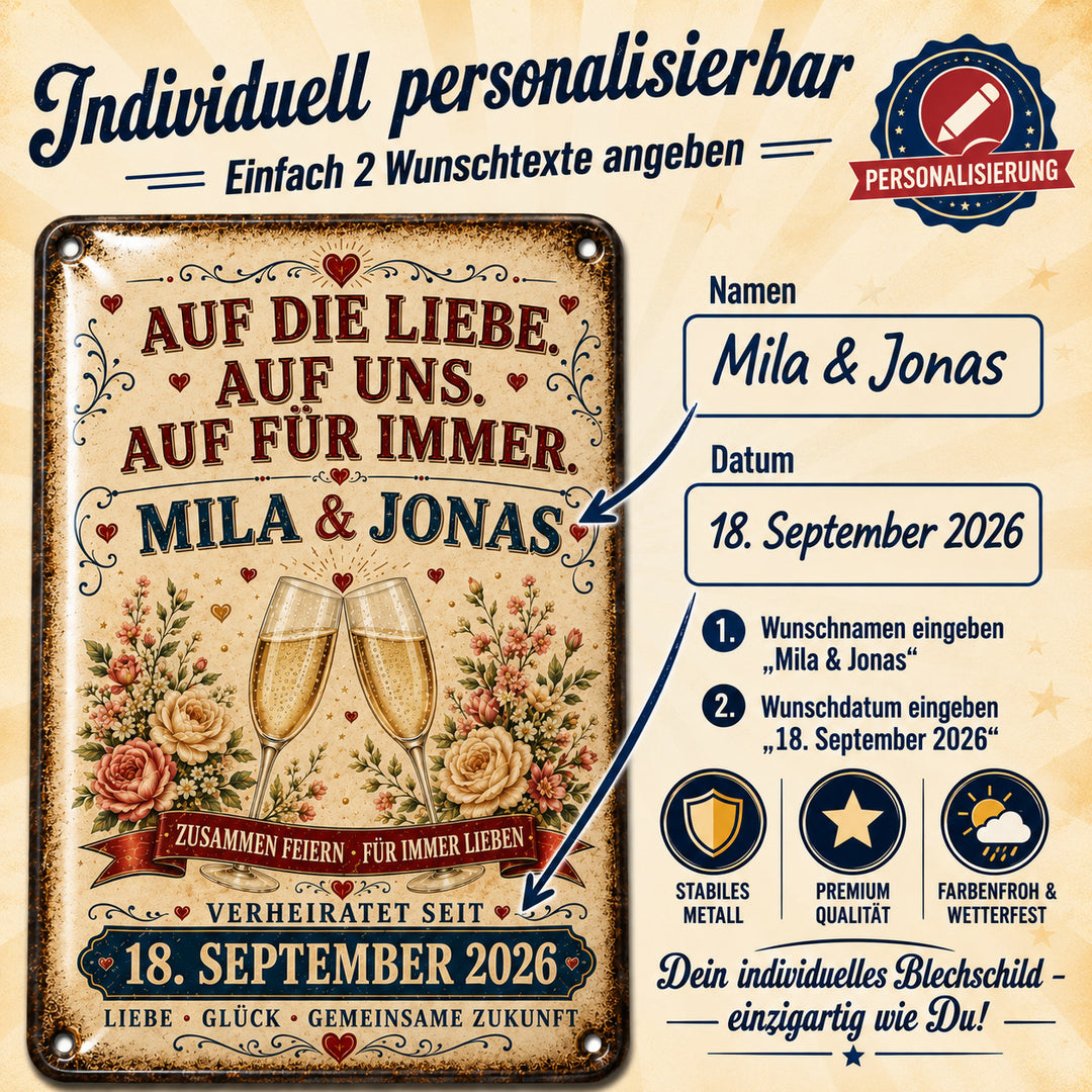 Auf die Liebe, auf uns – Sektgläser &amp; Rosen – personalisiertes Leotie Metallschild, 20 × 30 cm – Produktabbildung 2