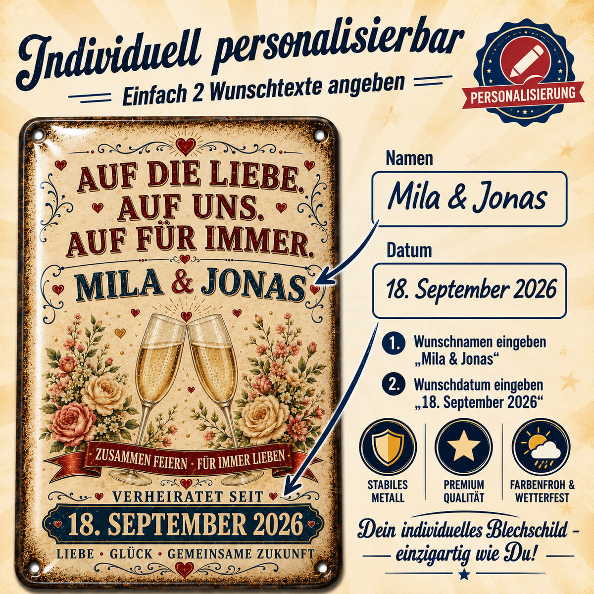 Auf die Liebe, auf uns – Sektgläser & Rosen – personalisiertes Leotie Metallschild, 20 × 30 cm – Produktabbildung 2