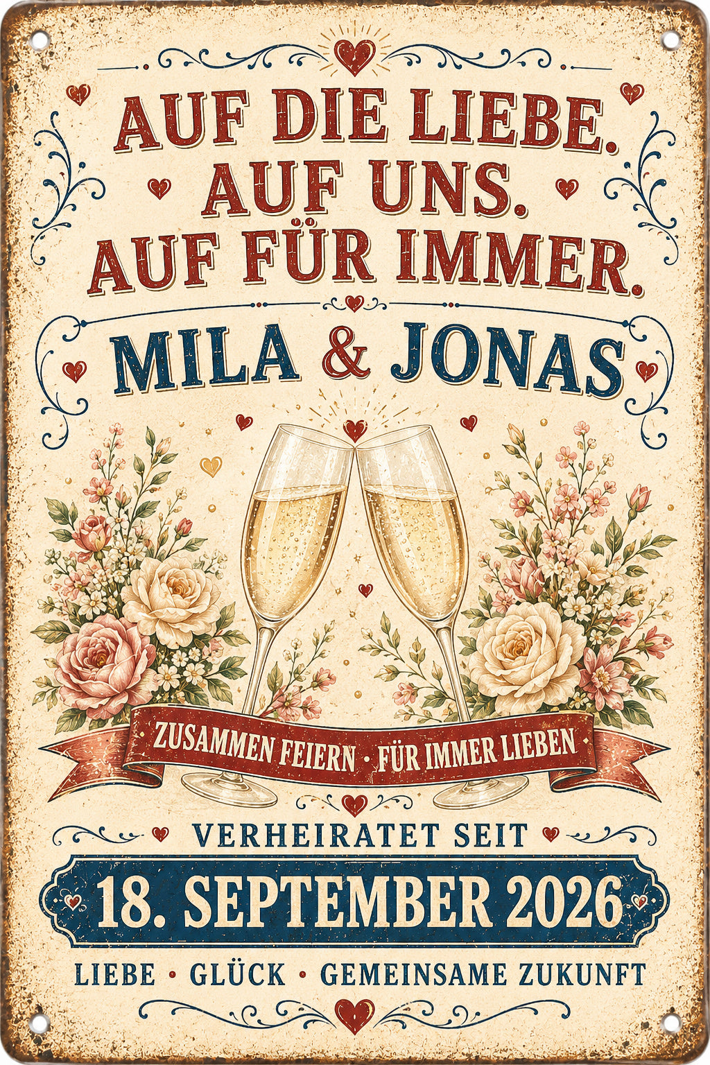 Auf die Liebe, auf uns – Sektgläser &amp; Rosen – personalisiertes Leotie Metallschild, 20 × 30 cm – Produktabbildung 3