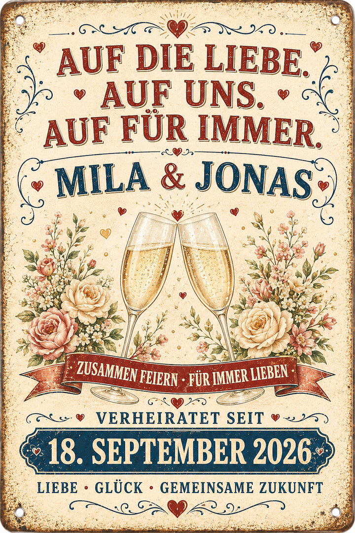 Auf die Liebe, auf uns – Sektgläser &amp; Rosen – personalisiertes Leotie Metallschild, 20 × 30 cm – Produktabbildung 3