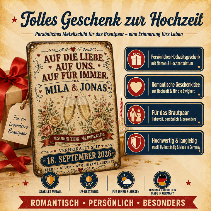 Auf die Liebe, auf uns – Sektgläser &amp; Rosen – personalisiertes Leotie Metallschild, 20 × 30 cm – Produktabbildung 4
