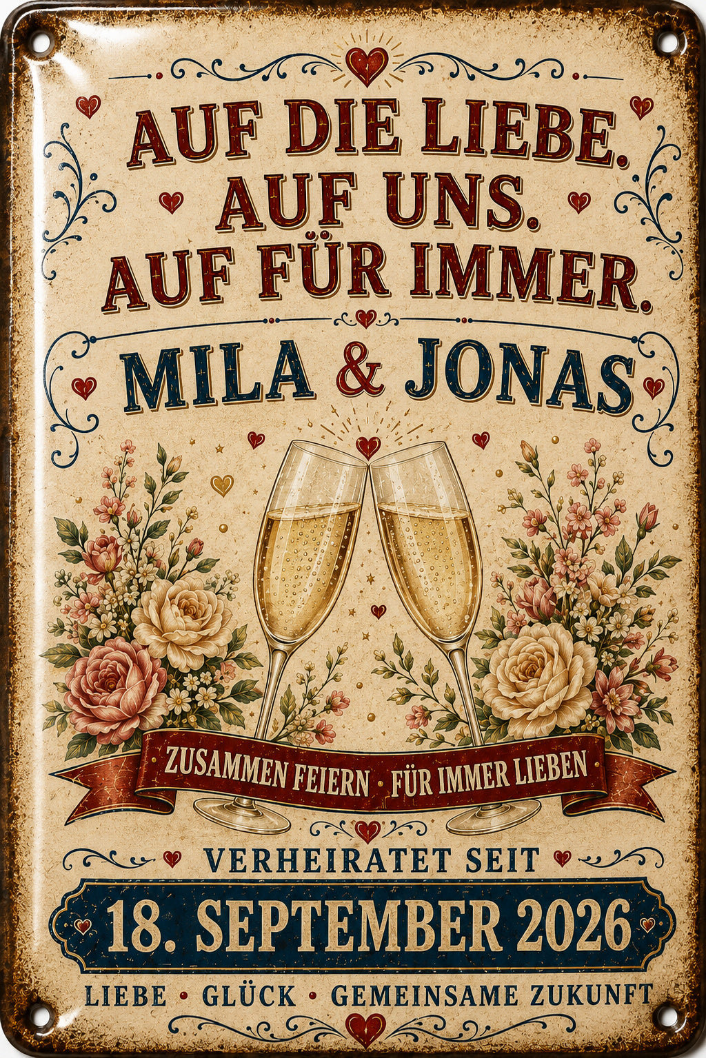 Auf die Liebe, auf uns – Sektgläser &amp; Rosen – personalisiertes Leotie Metallschild, 20 × 30 cm – Motivansicht