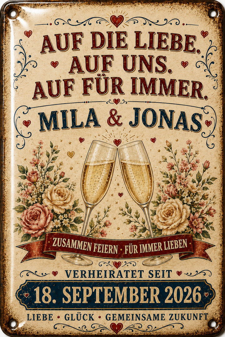 Auf die Liebe, auf uns – Sektgläser &amp; Rosen – personalisiertes Leotie Metallschild, 20 × 30 cm – Motivansicht