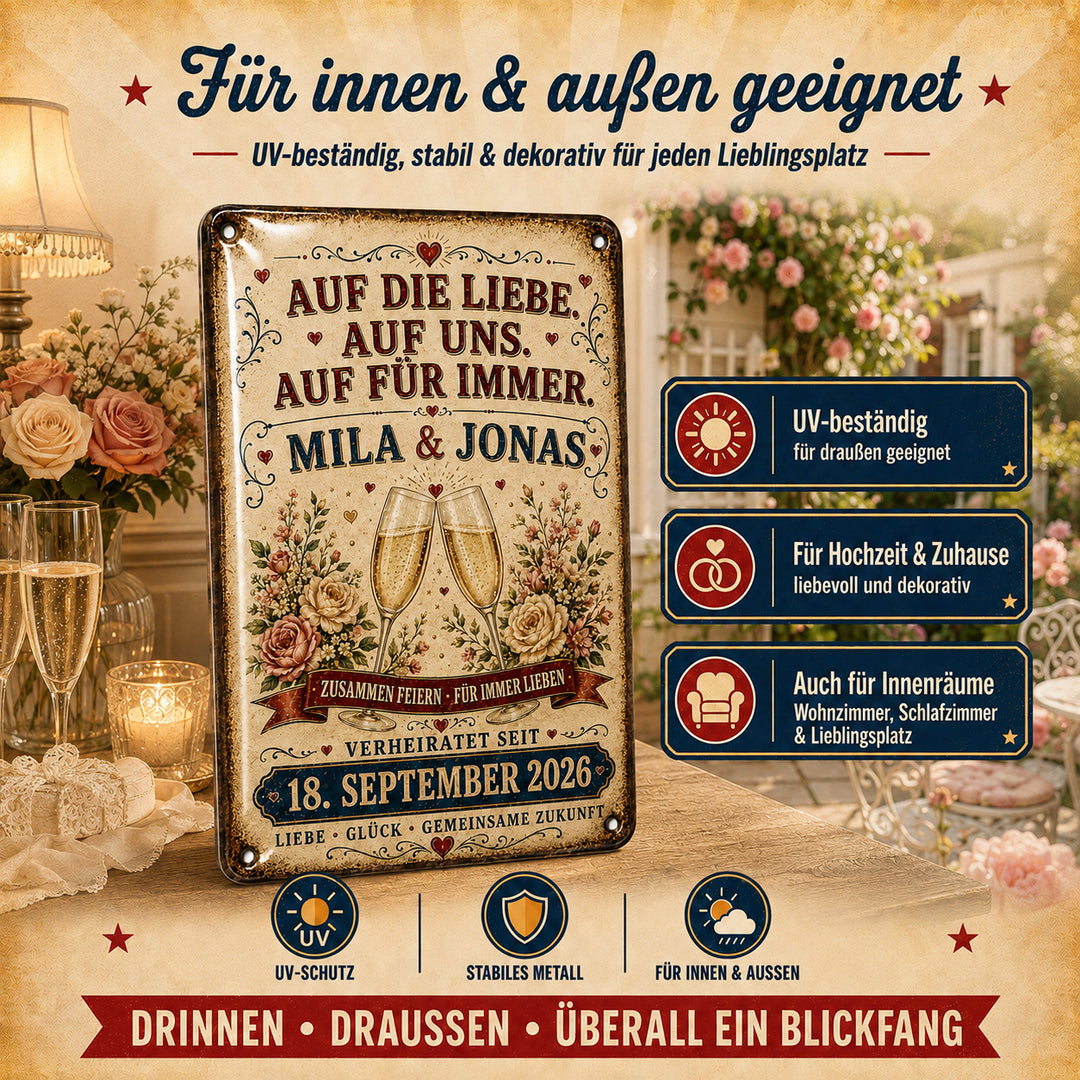 Auf die Liebe, auf uns – Sektgläser &amp; Rosen – personalisiertes Leotie Metallschild, 20 × 30 cm – Produktabbildung 5