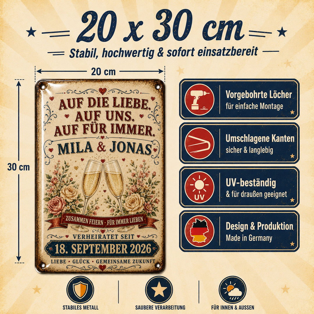 Auf die Liebe, auf uns – Sektgläser &amp; Rosen – personalisiertes Leotie Metallschild, 20 × 30 cm – Produktabbildung 6