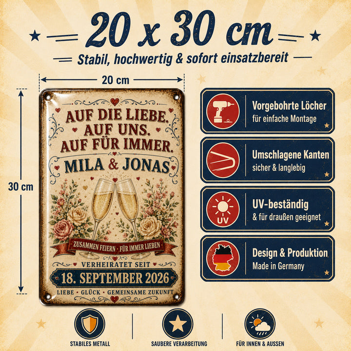 Auf die Liebe, auf uns – Sektgläser &amp; Rosen – personalisiertes Leotie Metallschild, 20 × 30 cm – Produktabbildung 6