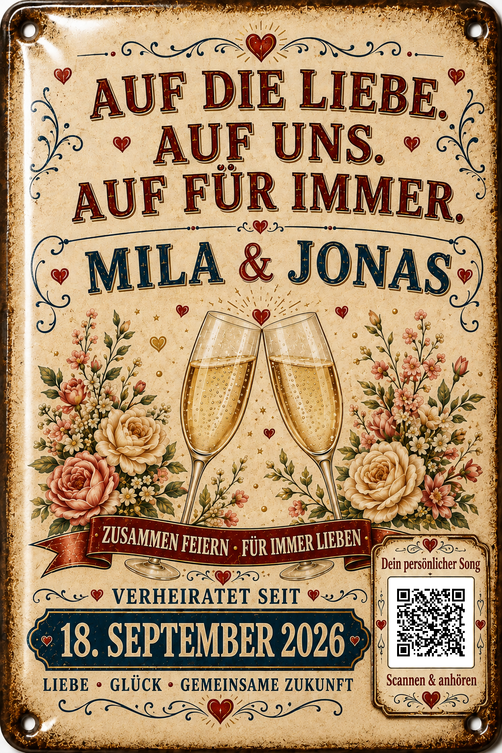 Auf die Liebe, auf uns – Sektgläser &amp; Rosen – personalisiertes Blechschild – Ausführung mit QR-Code für einen persönlichen Song, 20 × 30 cm
