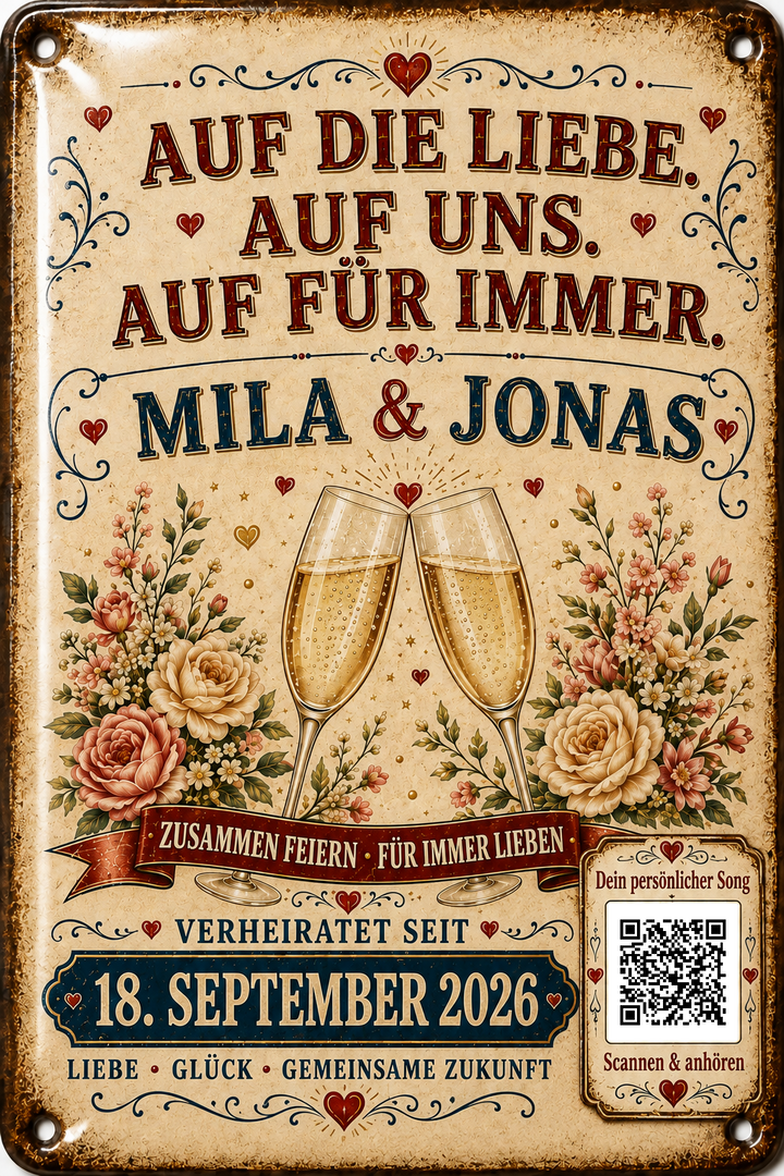 Auf die Liebe, auf uns – Sektgläser &amp; Rosen – personalisiertes Blechschild – Ausführung mit QR-Code für einen persönlichen Song, 20 × 30 cm