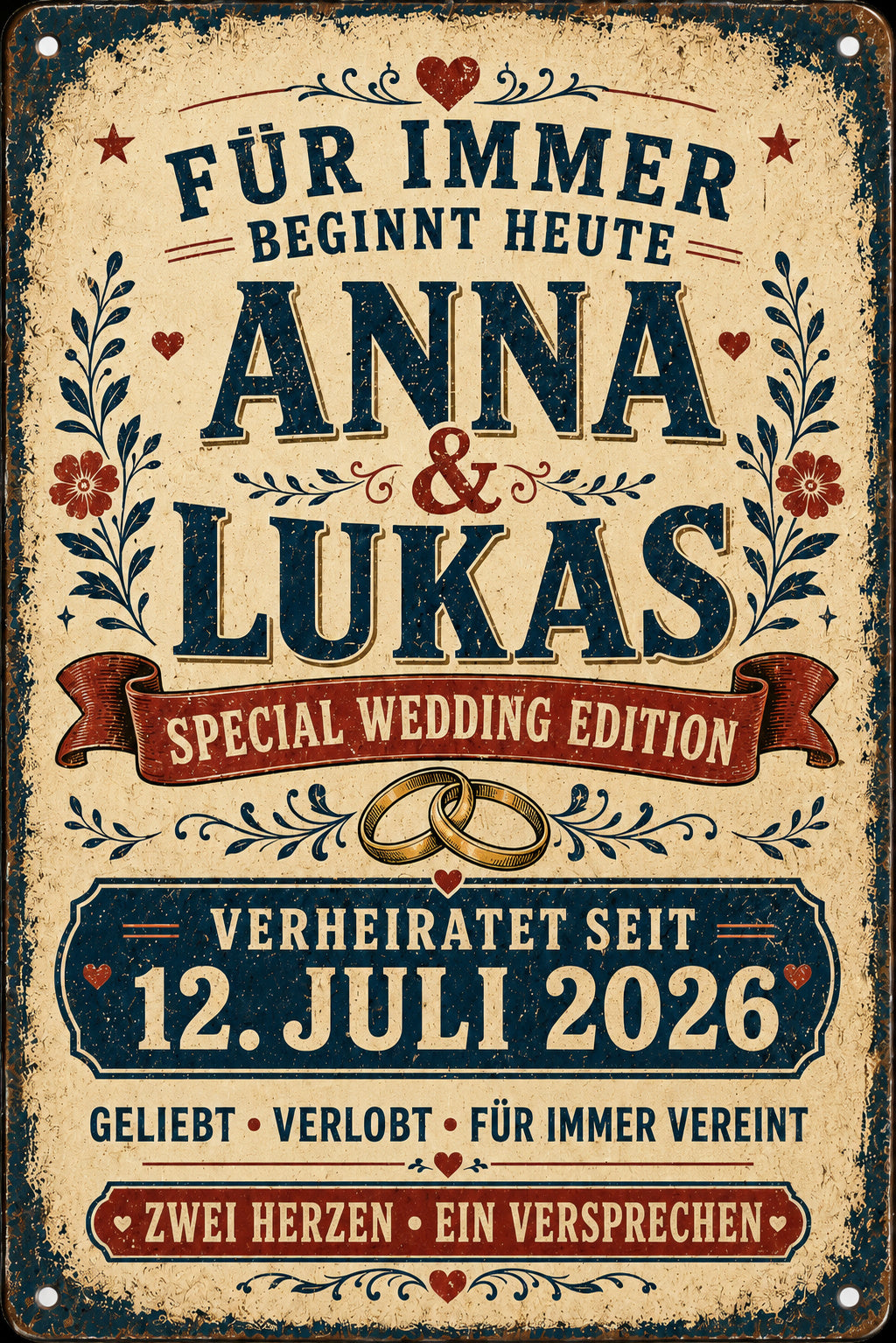 Für immer beginnt heute – Hochzeitsedition – personalisiertes Leotie Metallschild, 20 × 30 cm – Produktabbildung 2