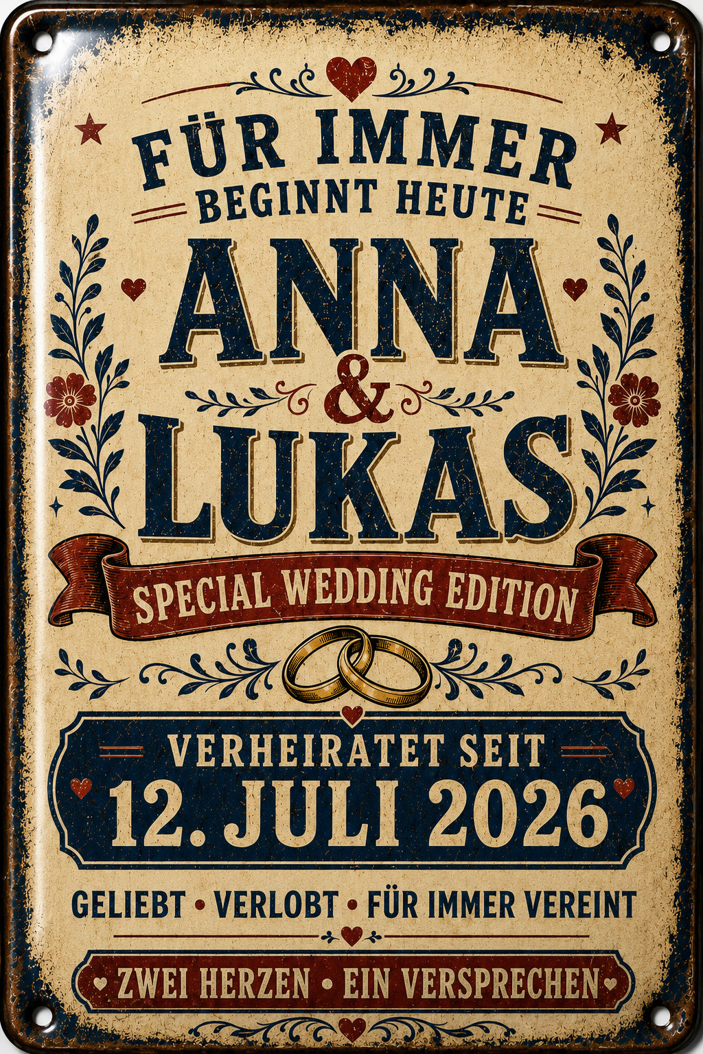 Für immer beginnt heute – Hochzeitsedition – personalisiertes Leotie Metallschild, 20 × 30 cm – Motivansicht