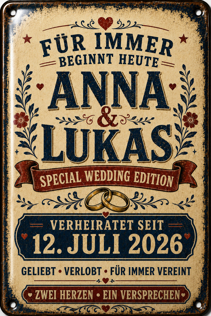 Für immer beginnt heute – Hochzeitsedition – personalisiertes Leotie Metallschild, 20 × 30 cm – Motivansicht