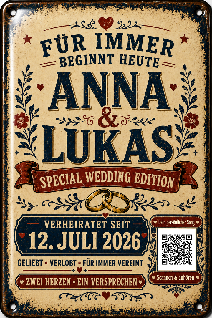 Für immer beginnt heute – Hochzeitsedition – personalisiertes Blechschild – Ausführung mit QR-Code für einen persönlichen Song, 20 × 30 cm