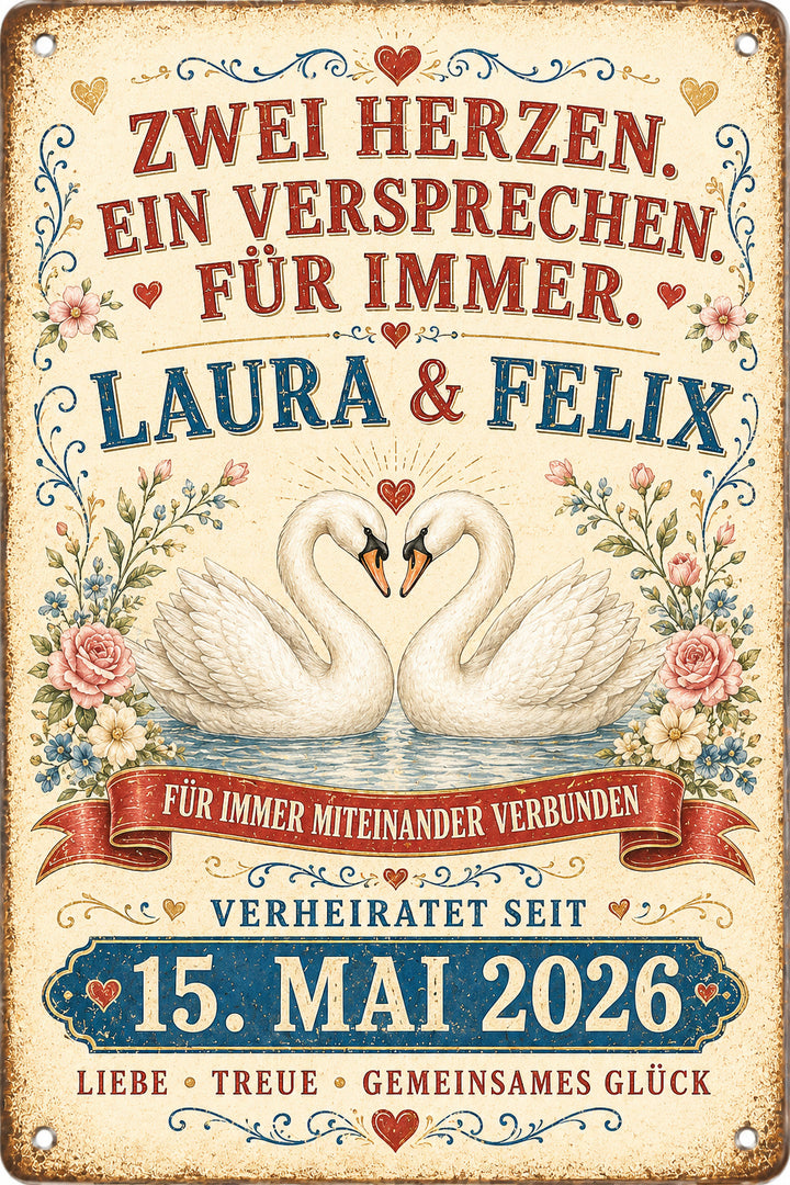 Zwei Herzen, ein Versprechen – Schwäne – personalisiertes Leotie Metallschild, 20 × 30 cm – Produktabbildung 3