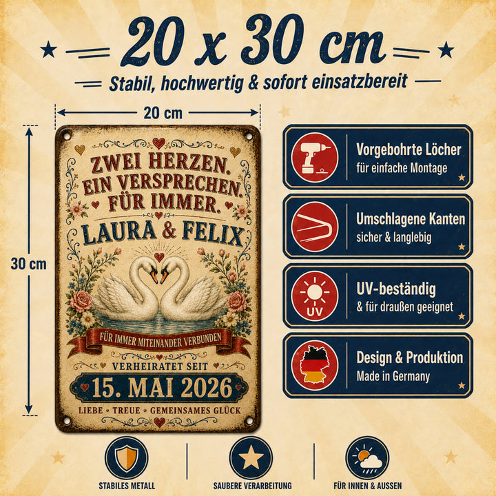 Zwei Herzen, ein Versprechen – Schwäne – personalisiertes Leotie Metallschild, 20 × 30 cm – Produktabbildung 5