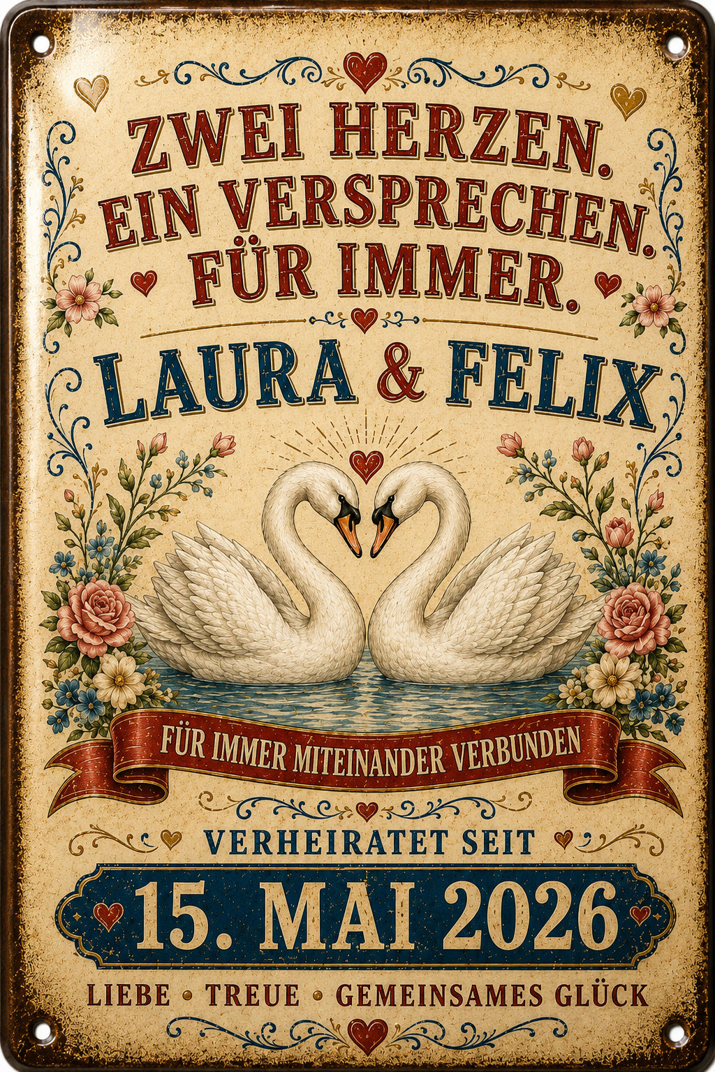 Zwei Herzen, ein Versprechen – Schwäne – personalisiertes Leotie Metallschild, 20 × 30 cm – Motivansicht