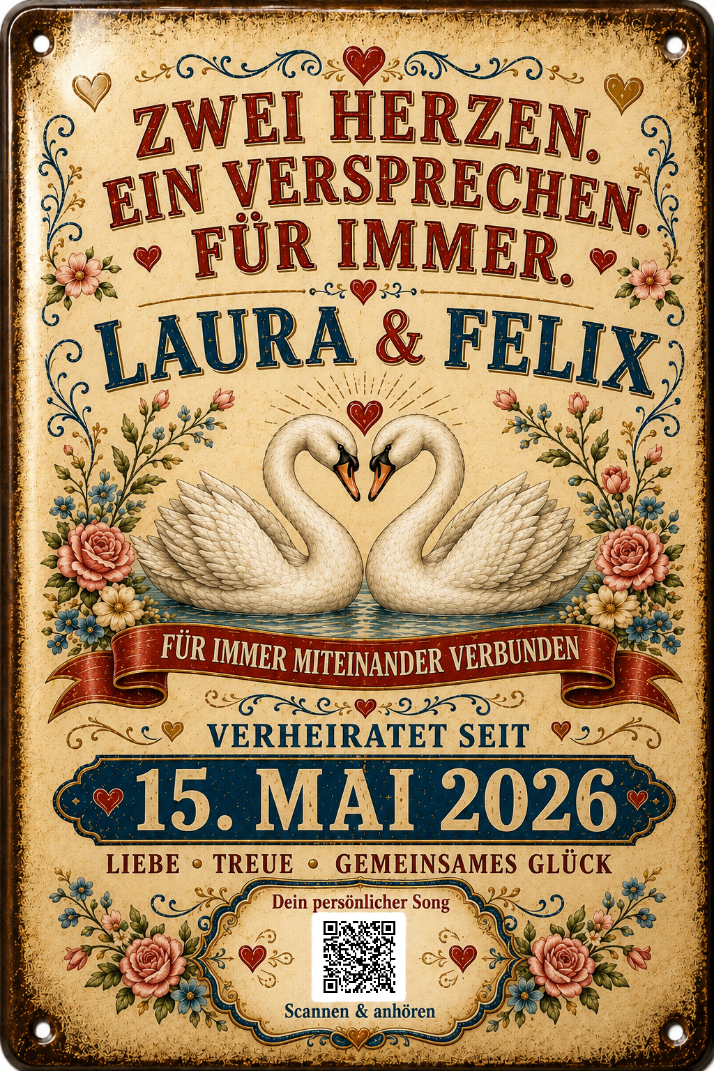 Zwei Herzen, ein Versprechen – Schwäne – personalisiertes Blechschild – Ausführung mit QR-Code für einen persönlichen Song, 20 × 30 cm