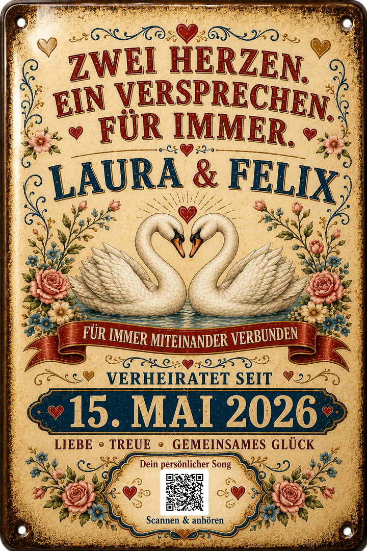 Zwei Herzen, ein Versprechen – Schwäne – personalisiertes Blechschild – Ausführung mit QR-Code für einen persönlichen Song, 20 × 30 cm