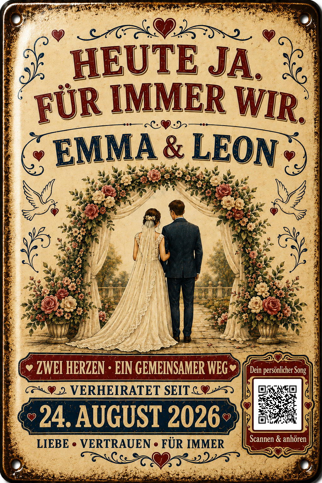 Heute Ja, für immer Wir – Brautpaar im Rosengarten – personalisiertes Blechschild – Ausführung mit QR-Code für einen persönlichen Song, 20 × 30 cm