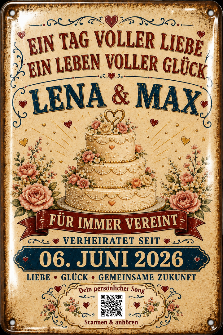Ein Tag voller Liebe – Hochzeitstorte – personalisiertes Blechschild – Ausführung mit QR-Code für einen persönlichen Song, 20 × 30 cm