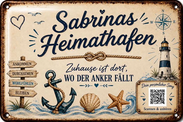 Heimathafen – Zuhause ist dort, wo der Anker fällt – personalisiertes Blechschild – Ausführung mit QR-Code für einen persönlichen Song, 20 × 30 cm