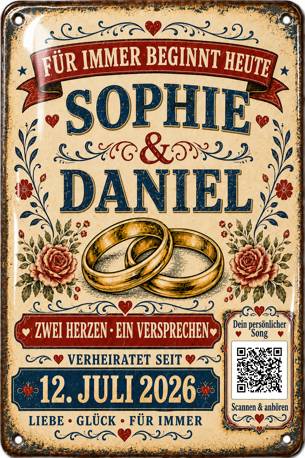 Für immer beginnt heute – Eheringe &amp; Rosen – personalisiertes Blechschild – Ausführung mit QR-Code für einen persönlichen Song, 20 × 30 cm