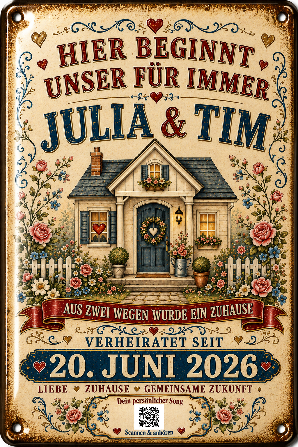 Hier beginnt unser Für immer – Unser Zuhause – personalisiertes Blechschild – Ausführung mit QR-Code für einen persönlichen Song, 20 × 30 cm