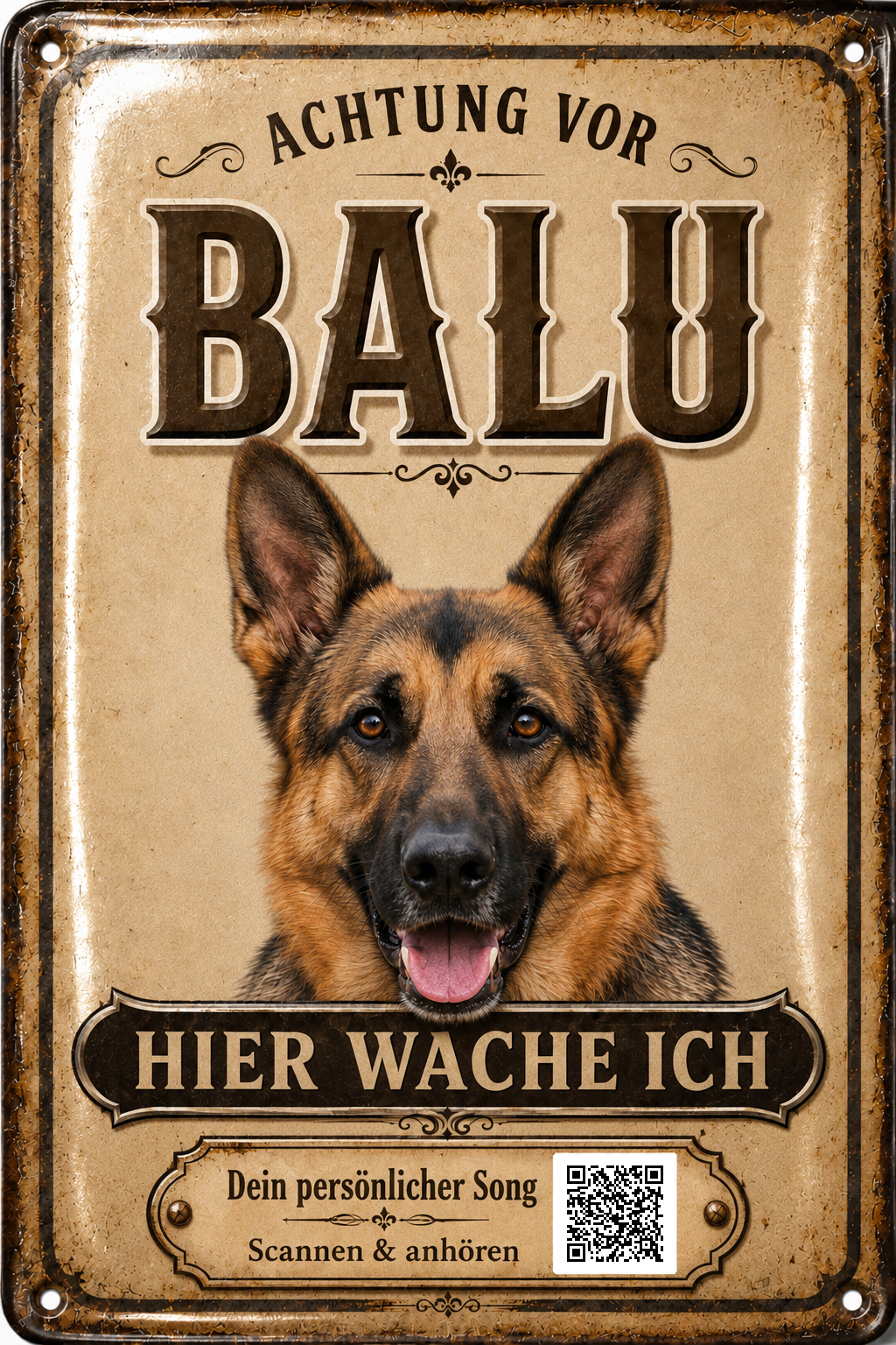Hier wache ich – Hundeschild mit eigenem Foto – personalisiertes Blechschild – Ausführung mit QR-Code für einen persönlichen Song, 20 × 30 cm