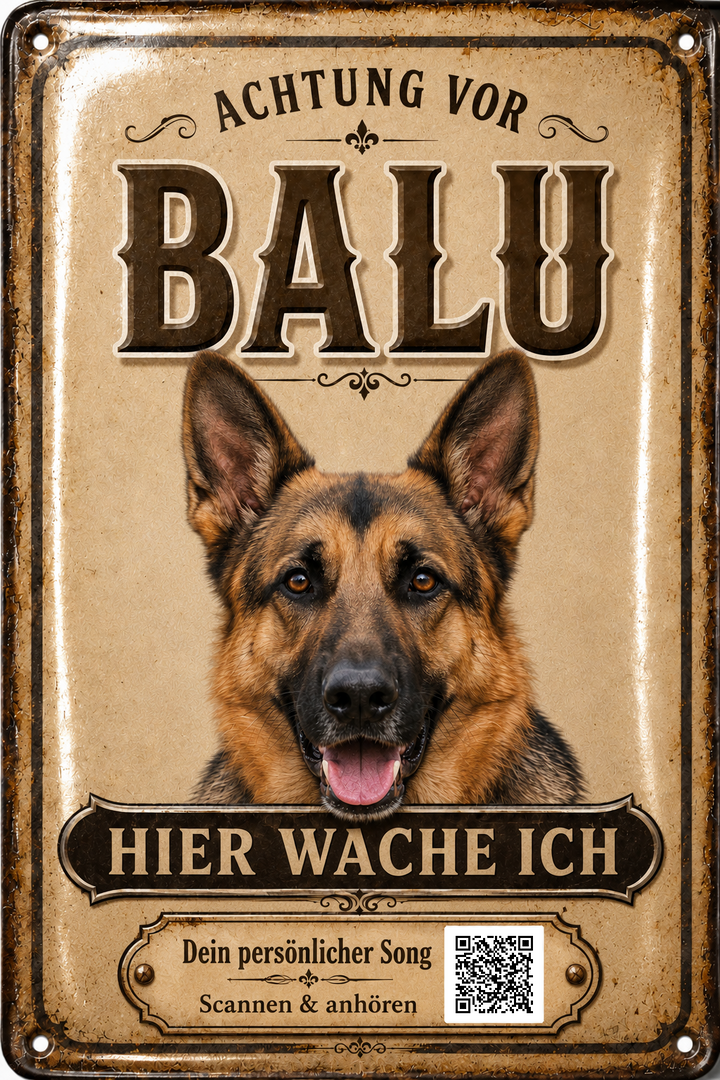 Hier wache ich – Hundeschild mit eigenem Foto – personalisiertes Blechschild – Ausführung mit QR-Code für einen persönlichen Song, 20 × 30 cm