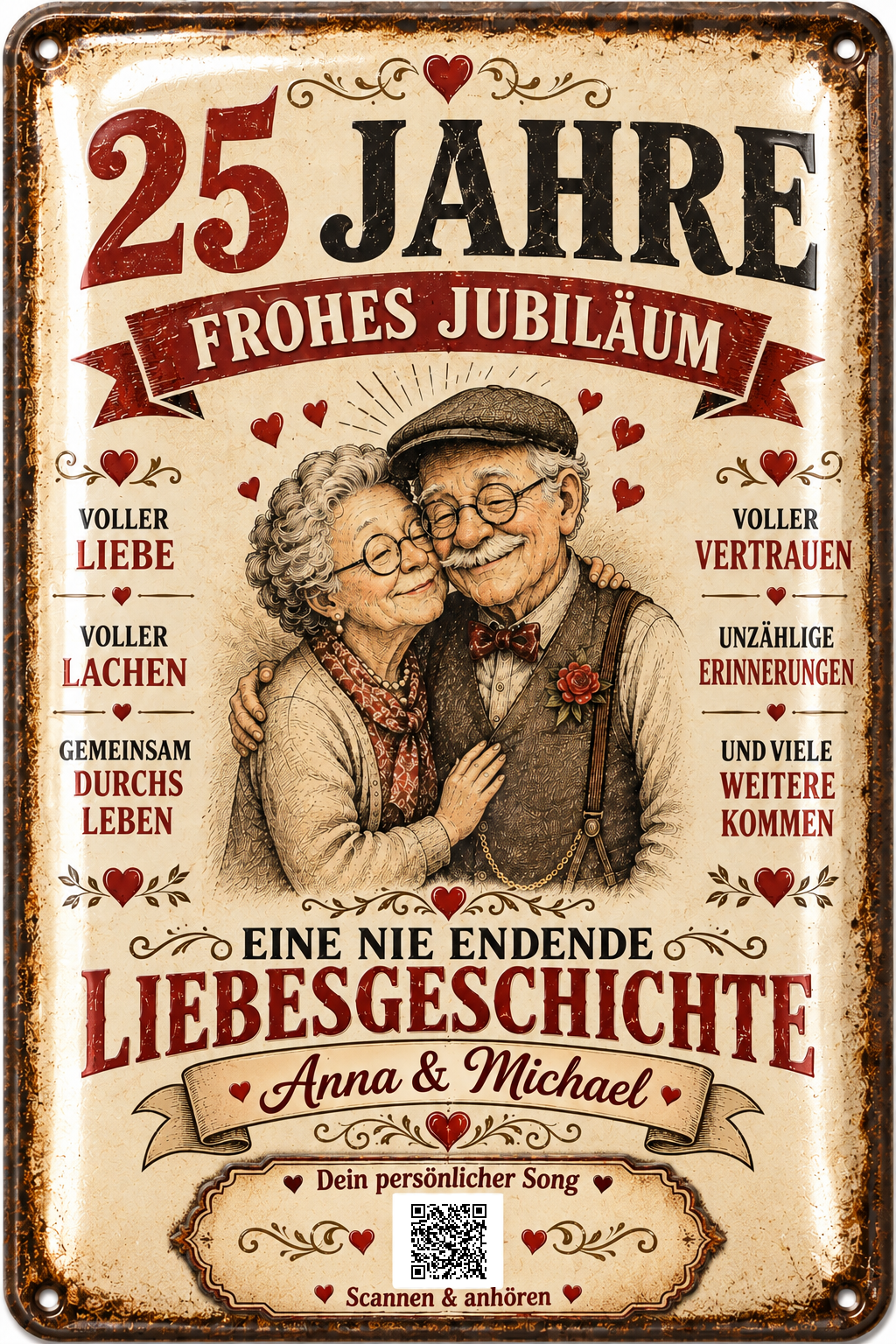 Frohes Jubiläum – Eine nie endende Liebesgeschichte – personalisiertes Blechschild – Ausführung mit QR-Code für einen persönlichen Song, 20 × 30 cm