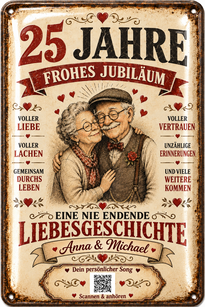 Frohes Jubiläum – Eine nie endende Liebesgeschichte – personalisiertes Blechschild – Ausführung mit QR-Code für einen persönlichen Song, 20 × 30 cm