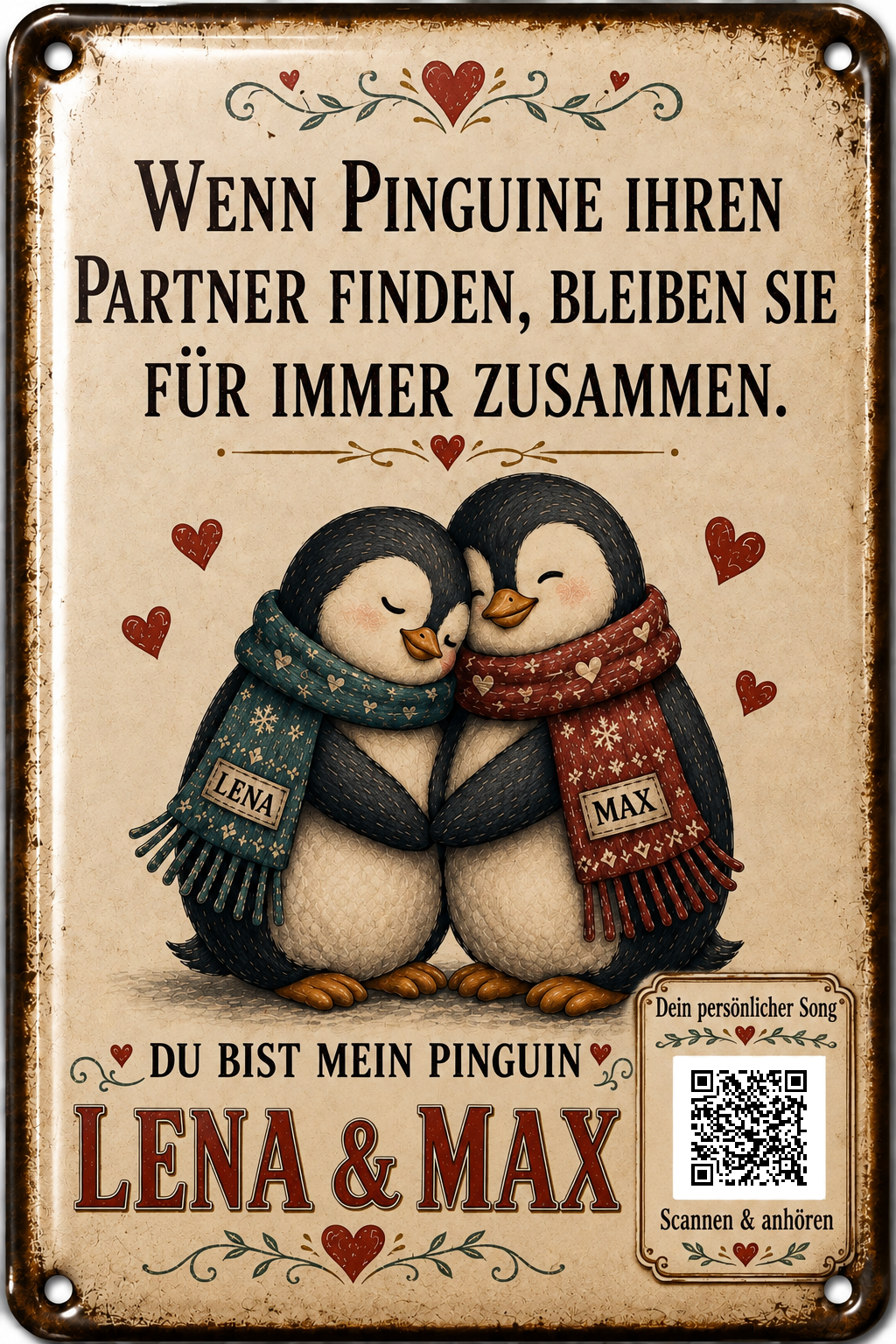 Du bist mein Pinguin – Pinguinpaar mit Schals – personalisiertes Blechschild – Ausführung mit QR-Code für einen persönlichen Song, 20 × 30 cm