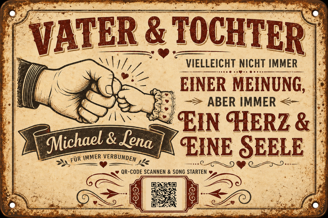 Vater &amp; Tochter – Ein Herz &amp; eine Seele – personalisiertes Blechschild – Ausführung mit QR-Code für einen persönlichen Song, 20 × 30 cm