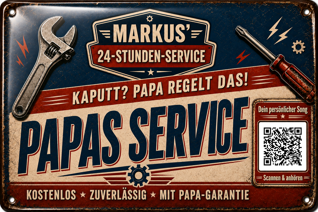 Papas Service – Kaputt? Papa regelt das! – personalisiertes Blechschild – Ausführung mit QR-Code für einen persönlichen Song, 20 × 30 cm