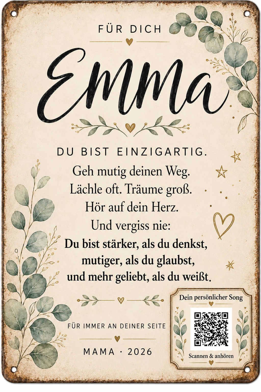 Du bist einzigartig – Mutmacher mit Eukalyptus – personalisiertes Blechschild – Ausführung mit QR-Code für einen persönlichen Song, 20 × 30 cm