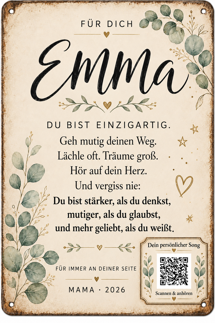 Du bist einzigartig – Mutmacher mit Eukalyptus – personalisiertes Blechschild – Ausführung mit QR-Code für einen persönlichen Song, 20 × 30 cm