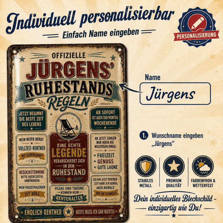 Ruhestandsregeln – Freizeit, Genuss &amp; gute Laune – personalisiertes Leotie Metallschild, 20 × 30 cm – Produktabbildung 6