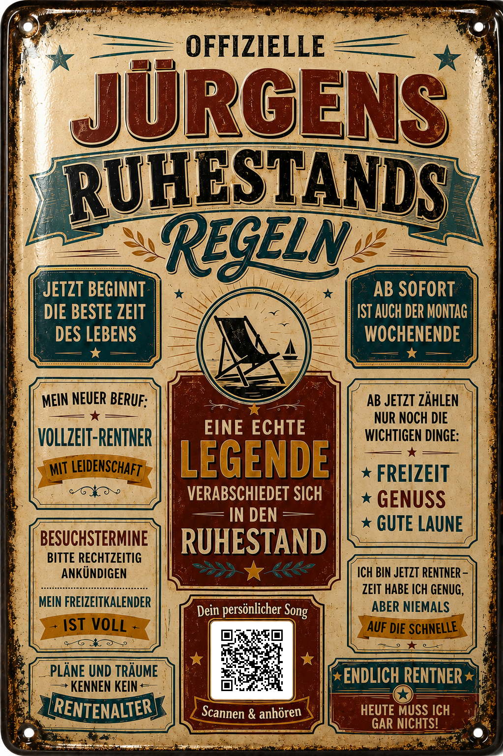 Ruhestandsregeln – Freizeit, Genuss &amp; gute Laune – personalisiertes Blechschild – Ausführung mit QR-Code für einen persönlichen Song, 20 × 30 cm