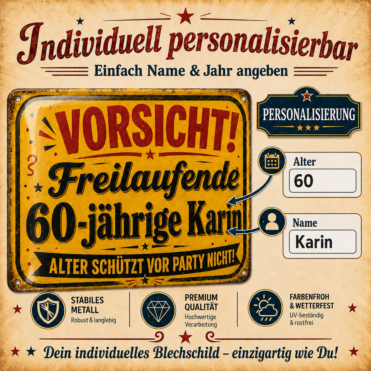 Vorsicht – Alter schützt vor Party nicht – personalisiertes Leotie Metallschild, 30 × 20 cm – Produktabbildung 2