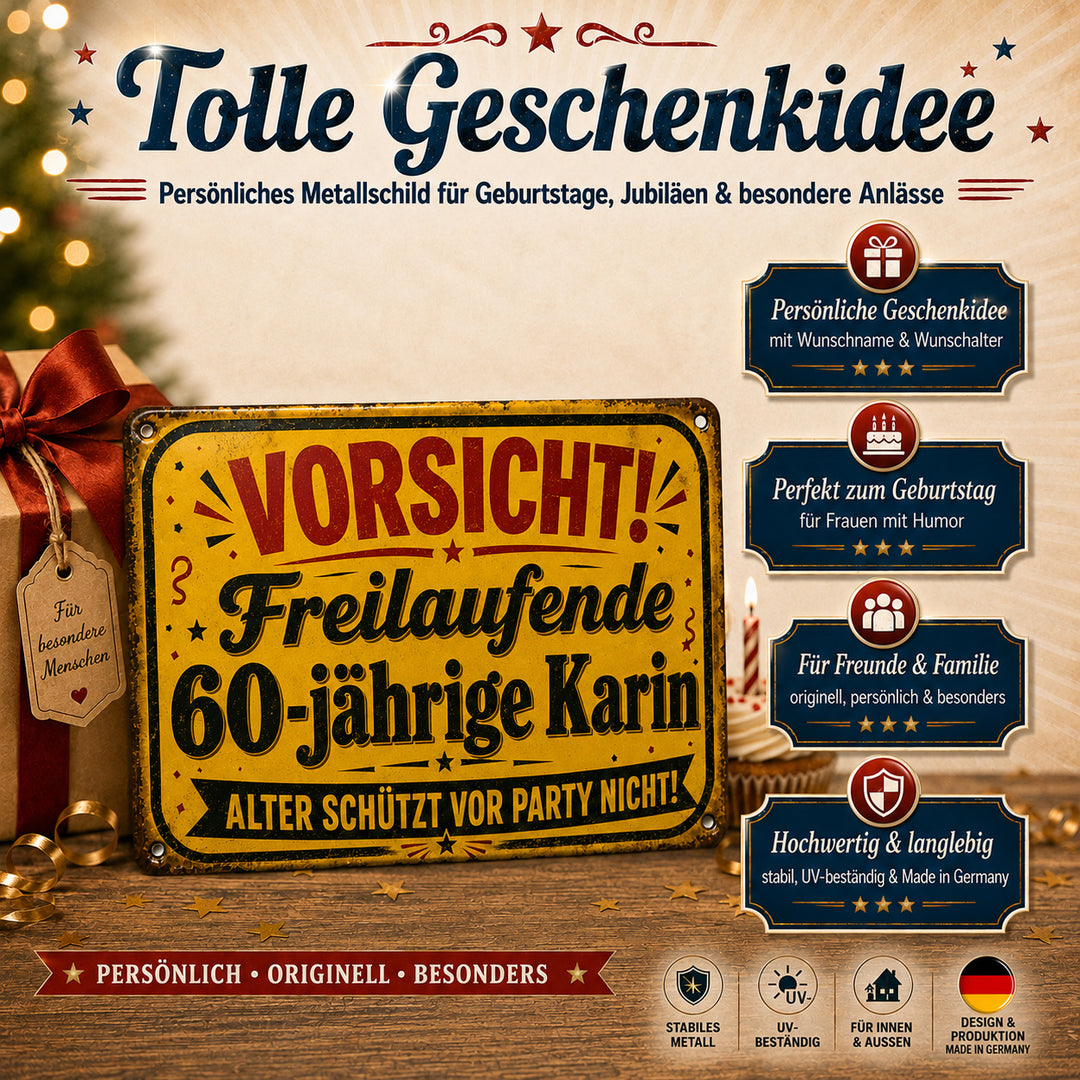 Vorsicht – Alter schützt vor Party nicht – personalisiertes Leotie Metallschild, 30 × 20 cm – Produktabbildung 6