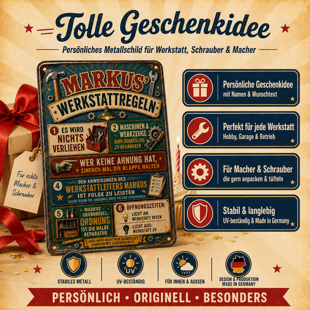 Werkstattregeln – Werkzeuge in Grün &amp; Rot – personalisiertes Leotie Metallschild, 20 × 30 cm – Produktabbildung 3