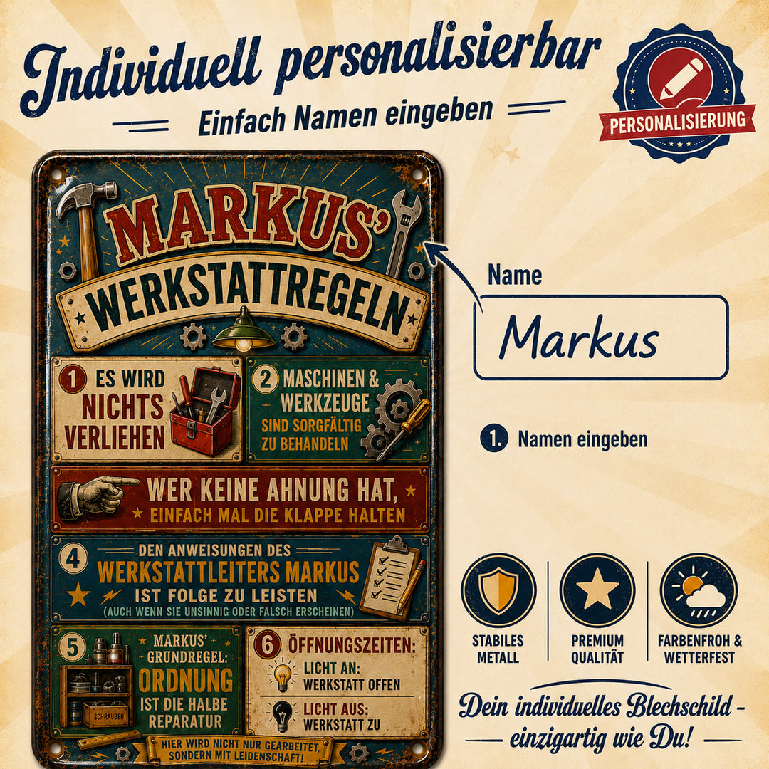 Werkstattregeln – Werkzeuge in Grün &amp; Rot – personalisiertes Leotie Metallschild, 20 × 30 cm – Produktabbildung 5