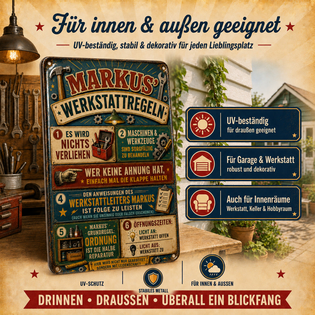 Werkstattregeln – Werkzeuge in Grün &amp; Rot – personalisiertes Leotie Metallschild, 20 × 30 cm – Produktabbildung 6