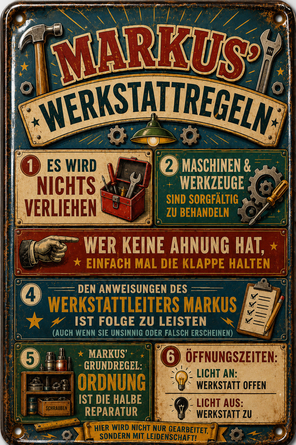 Werkstattregeln – Werkzeuge in Grün &amp; Rot – personalisiertes Leotie Metallschild, 20 × 30 cm – Motivansicht