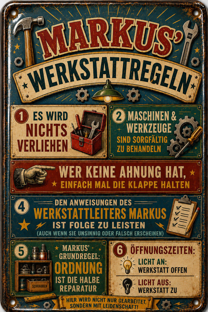 Werkstattregeln – Werkzeuge in Grün &amp; Rot – personalisiertes Leotie Metallschild, 20 × 30 cm – Motivansicht