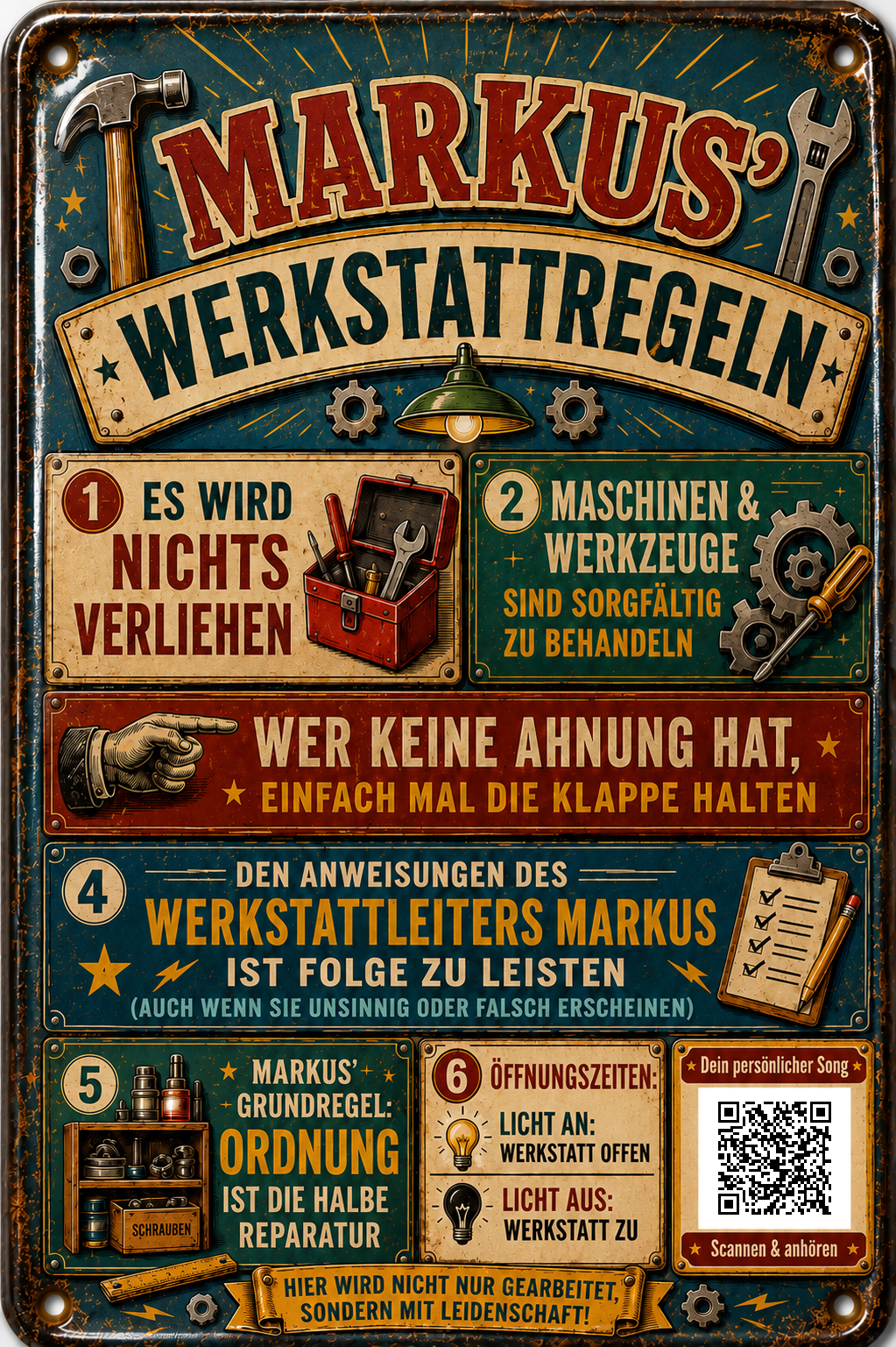 Werkstattregeln – Werkzeuge in Grün &amp; Rot – personalisiertes Blechschild – Ausführung mit QR-Code für einen persönlichen Song, 20 × 30 cm