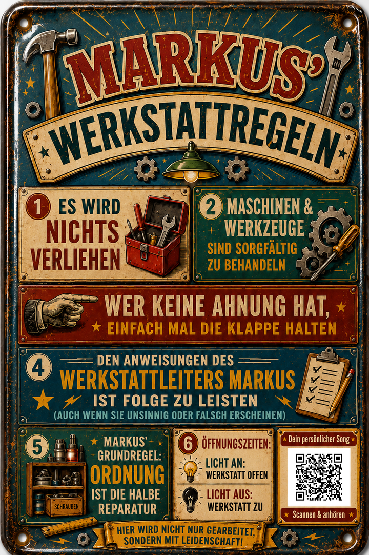 Werkstattregeln – Werkzeuge in Grün &amp; Rot – personalisiertes Blechschild – Ausführung mit QR-Code für einen persönlichen Song, 20 × 30 cm