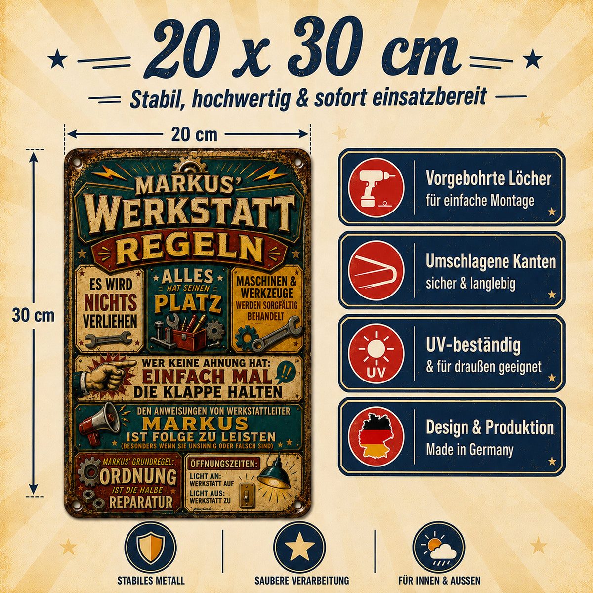 Werkstattregeln – Alles hat seinen Platz – personalisiertes Leotie Metallschild, 20 × 30 cm – Produktabbildung 2