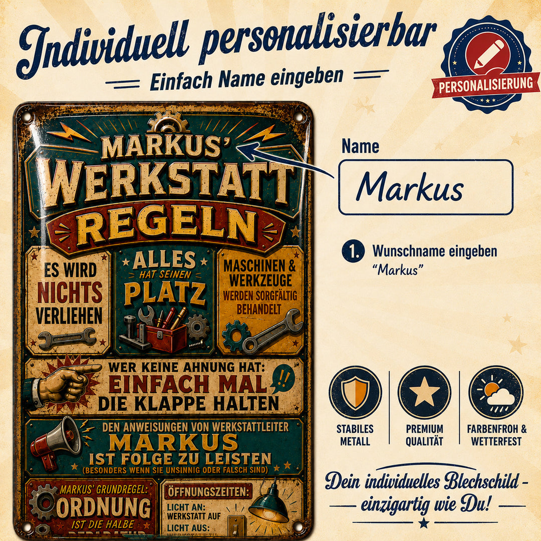 Werkstattregeln – Alles hat seinen Platz – personalisiertes Leotie Metallschild, 20 × 30 cm – Produktabbildung 4