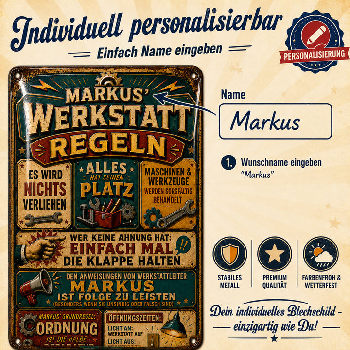 Werkstattregeln – Alles hat seinen Platz – personalisiertes Leotie Metallschild, 20 × 30 cm – Produktabbildung 4